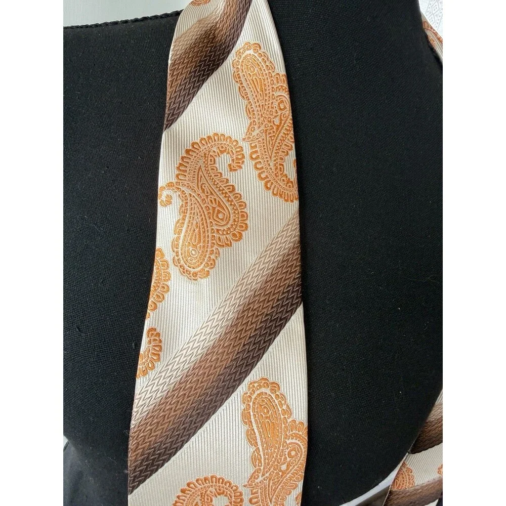 Karl Knox Bold Designer Necktie Orange Paisley Geometric Brown Cream Microfiber